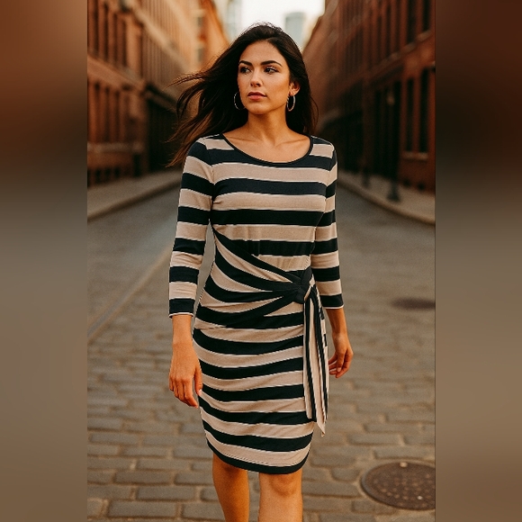 White House Black Market Tie Dress 6 Taupe Black Stripe Knit 3/4 Sleeve Bodycon - Picture 1 of 10